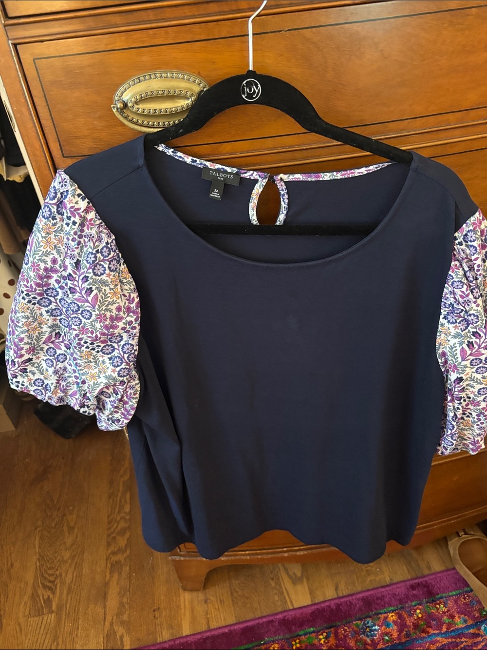 Talbots Navy Blouse with Floral Puff Sleeves